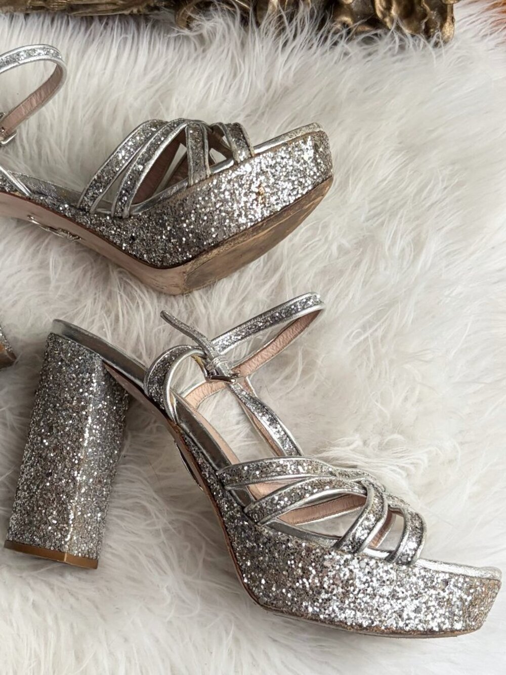 Miu Miu Silver Glitter Platform Heels Sandals Size IT 38 / US 7.5